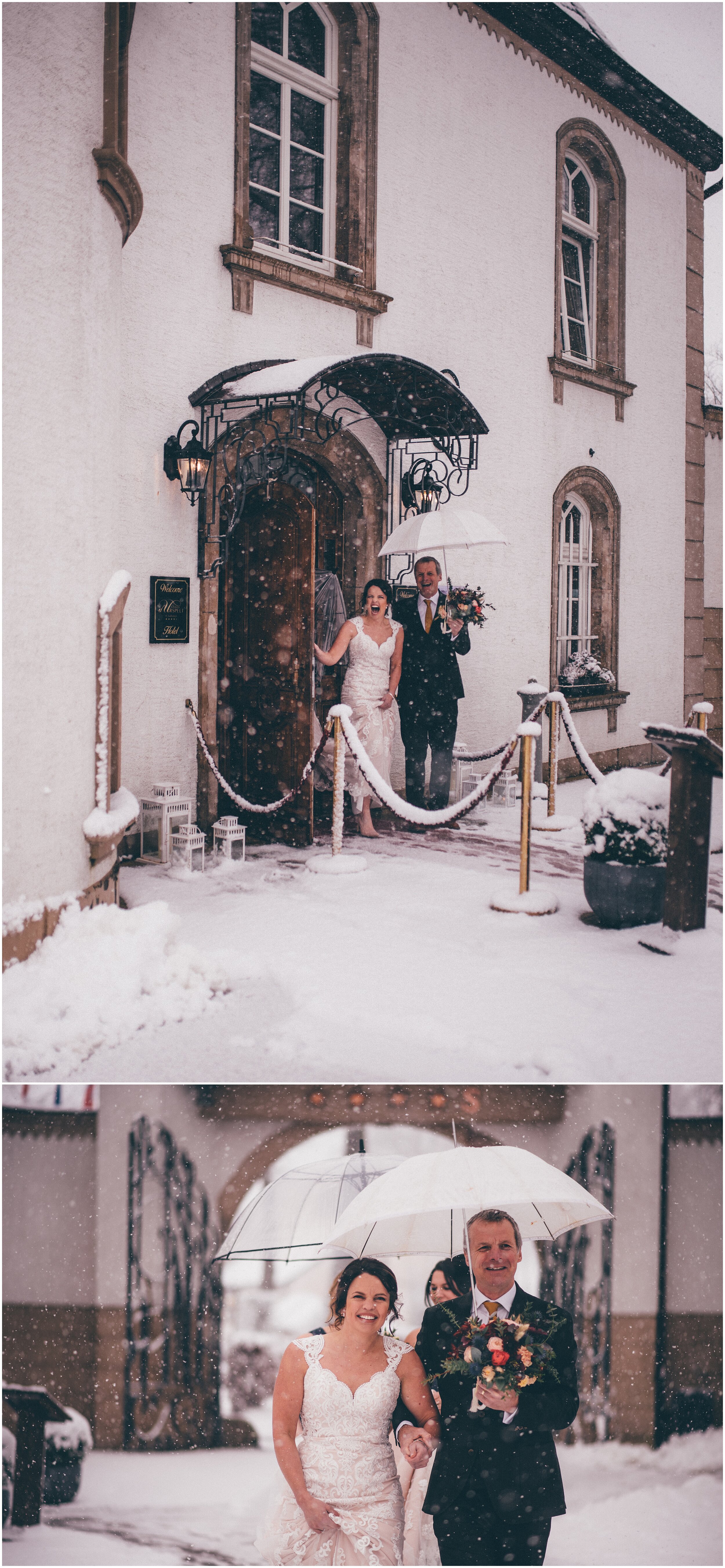 Walking to the wedding ceremony through the snow in Luxembourg.