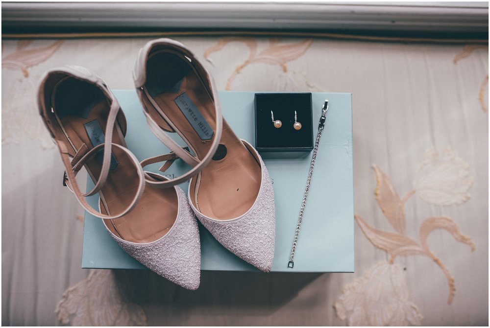 Bride's beautiful Charlotte Mills shoes and her jewellery for the wedding day.