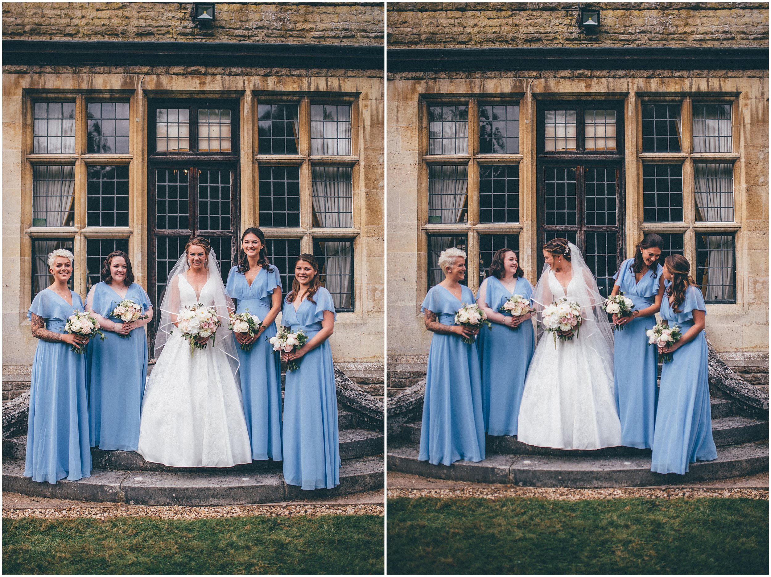 Stunning bride and her bridesmaids in cornflower blue dresses at Ashton Estate.