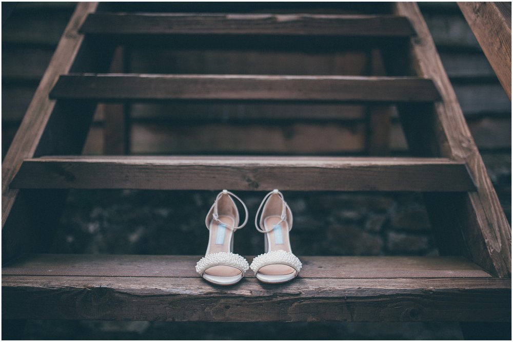 Beautiful pearl bridal shoes at Tower Hill Barns in North Wales