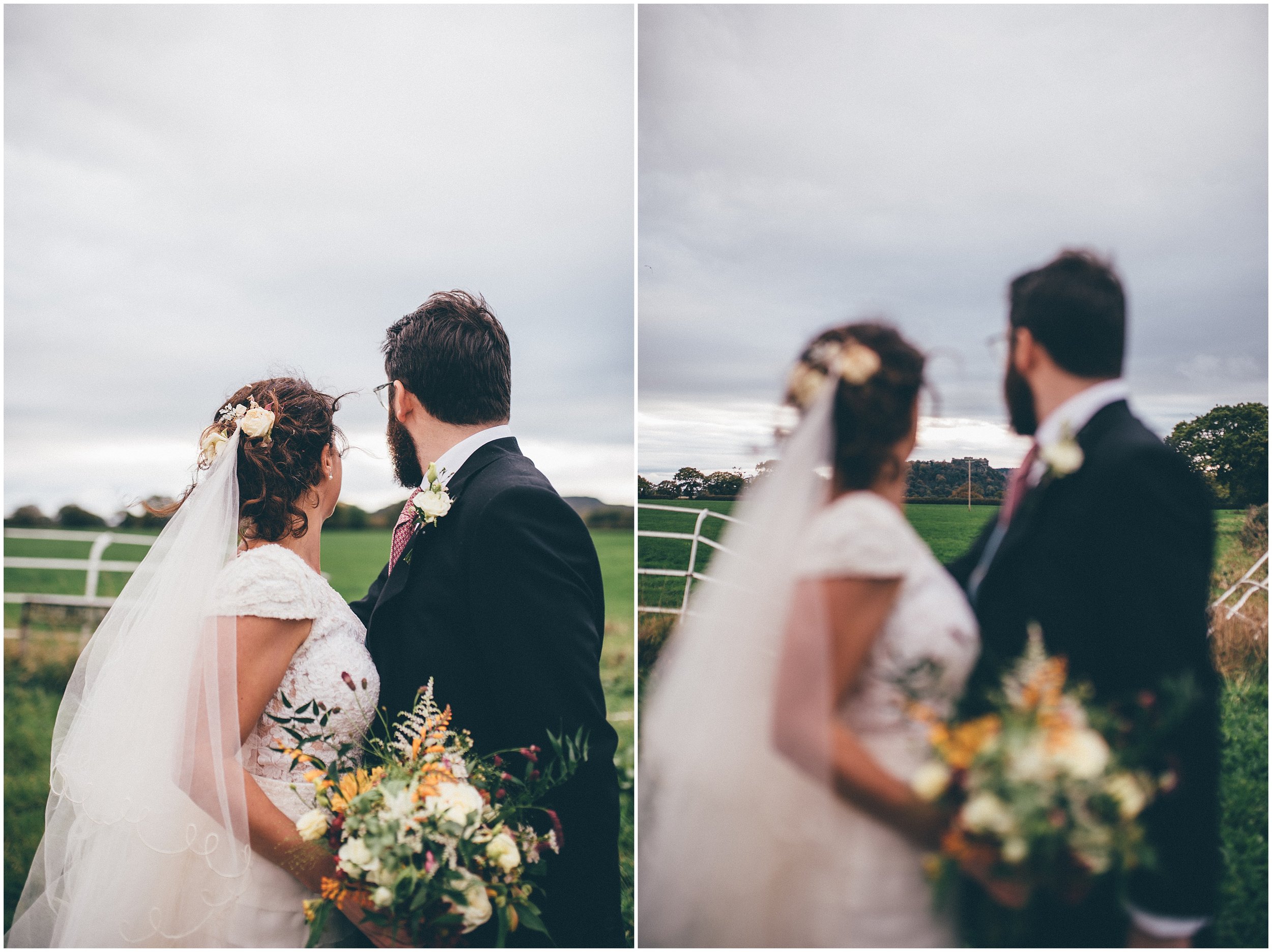 Bride and Groom pose for their wedding photographs in Cheshire with Beeston Castle behind them