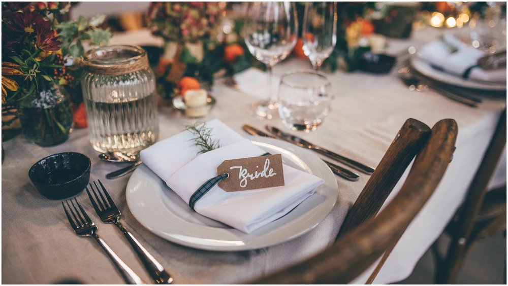 Bride and Groom's place settings at their Grange Barn wedding in Cheshire