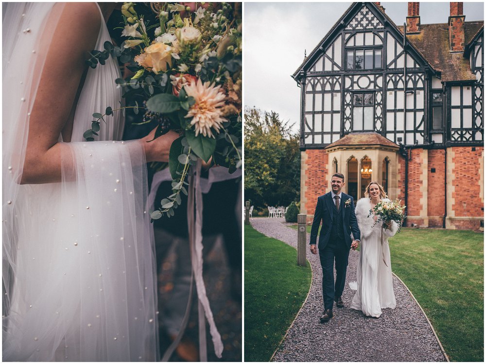 Newlyweds walk around their wedding venue, Tyn Dwr Hall, having photographs taken but their Cheshire wedding photographer
