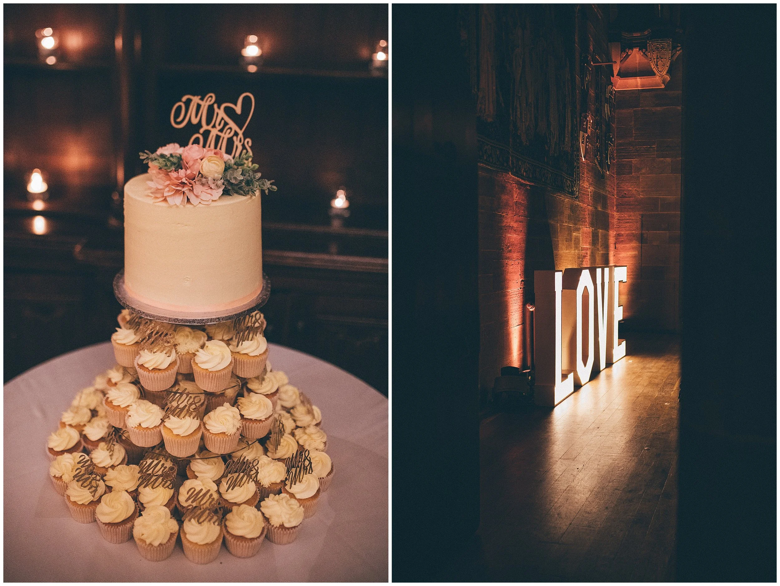 Wedding cake and LOVE letters at Peckforton Castle in Cheshire