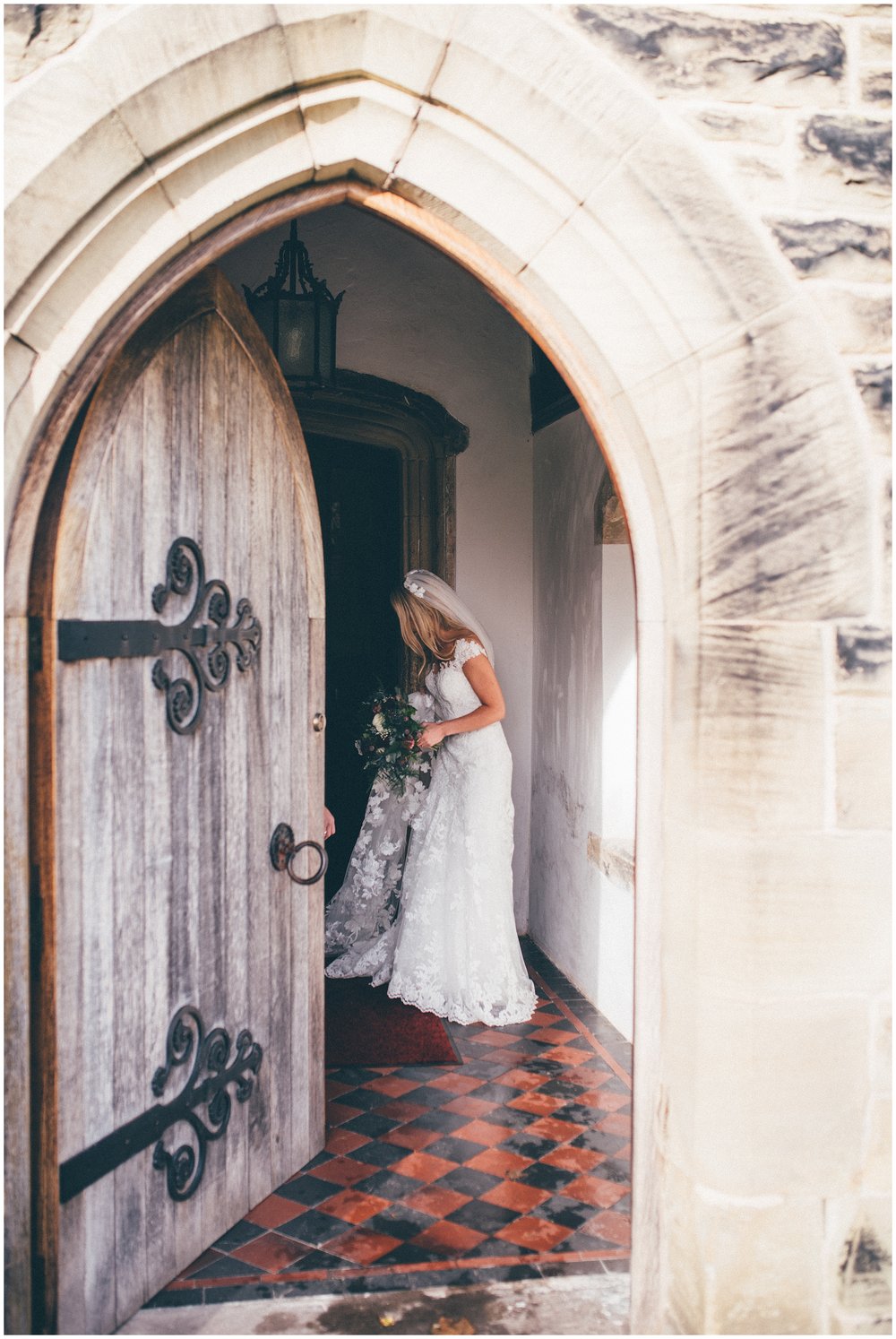 Bride leaves the church doorway in Cheshire