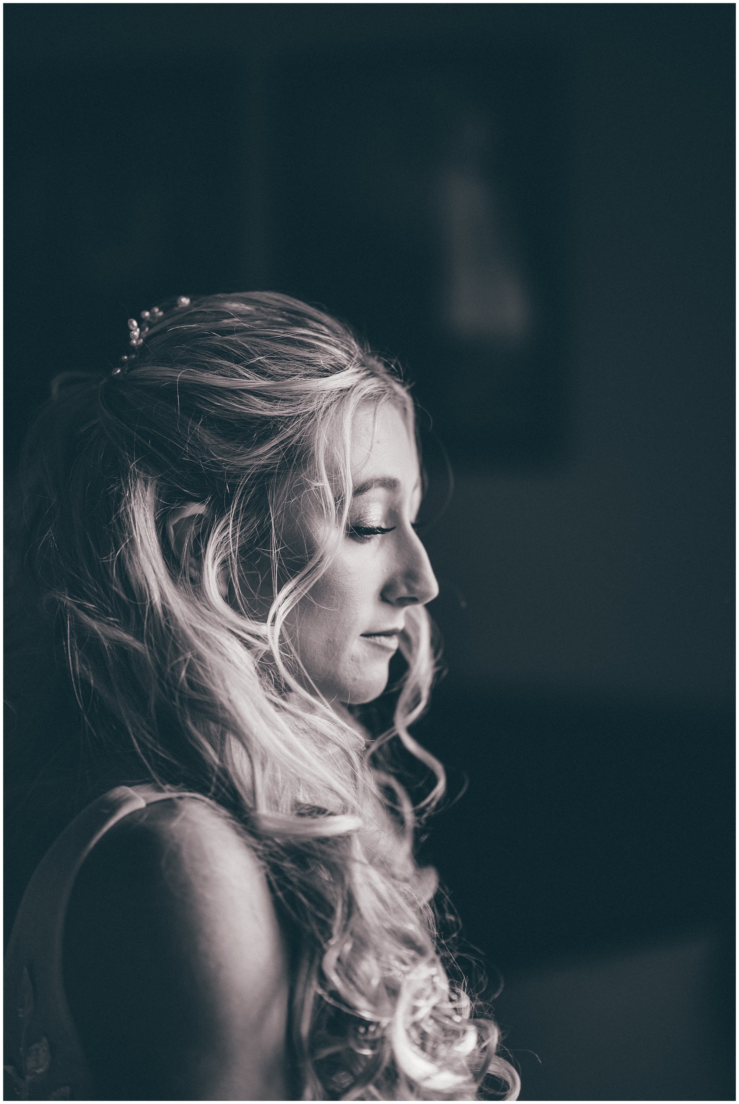 Beautiful black and white bridal portrait at Peckforton Castle