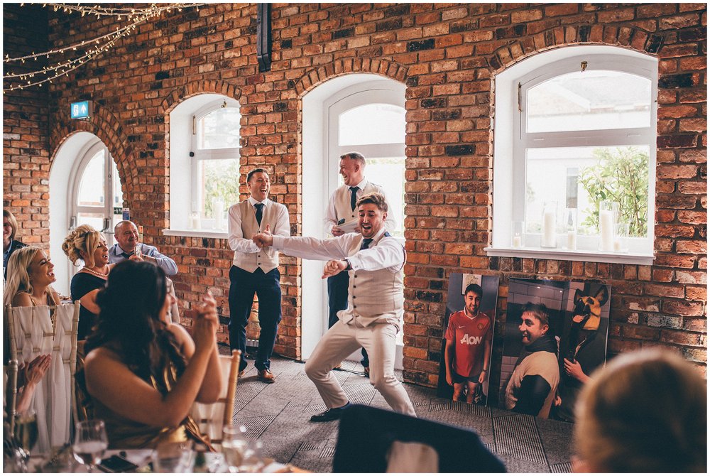 Groom has a dance off during wedding speech at Doubletree Hilton in Chester