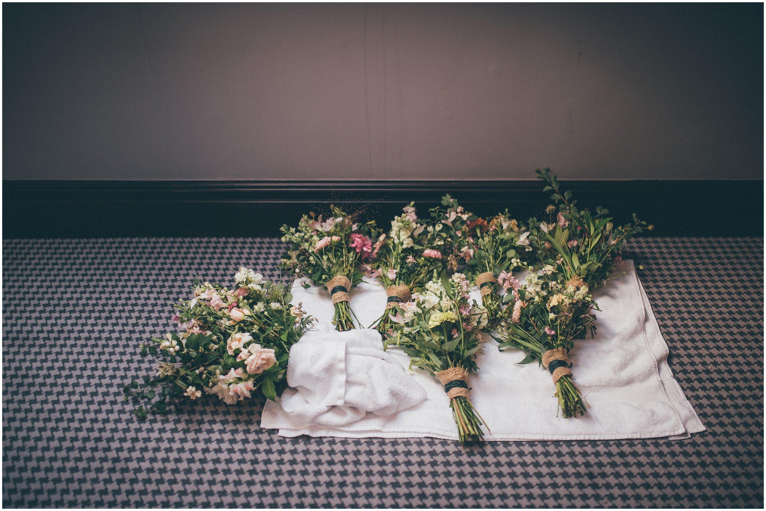 Wedding flowers drying before the ceremony at Skipbridge country weddings in Yorkshire