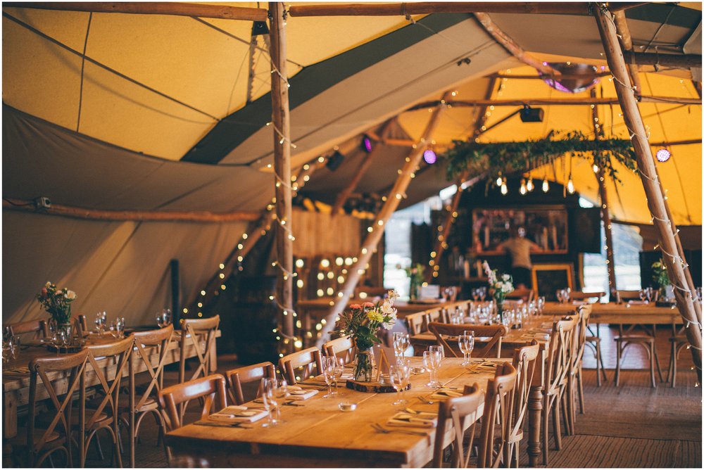 Inside the decorated tipi at Skipbridge Country Wedding venue in Yorkshire