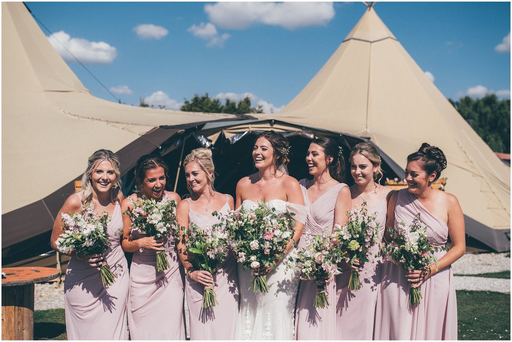 Bride and her bridesmaids at Skipbridge Country Wedding venue in Yorkshire
