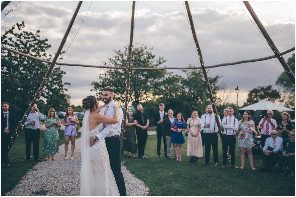 Bride and groom have their first dance at Skipbridge Country wedding venue in Yorkshire