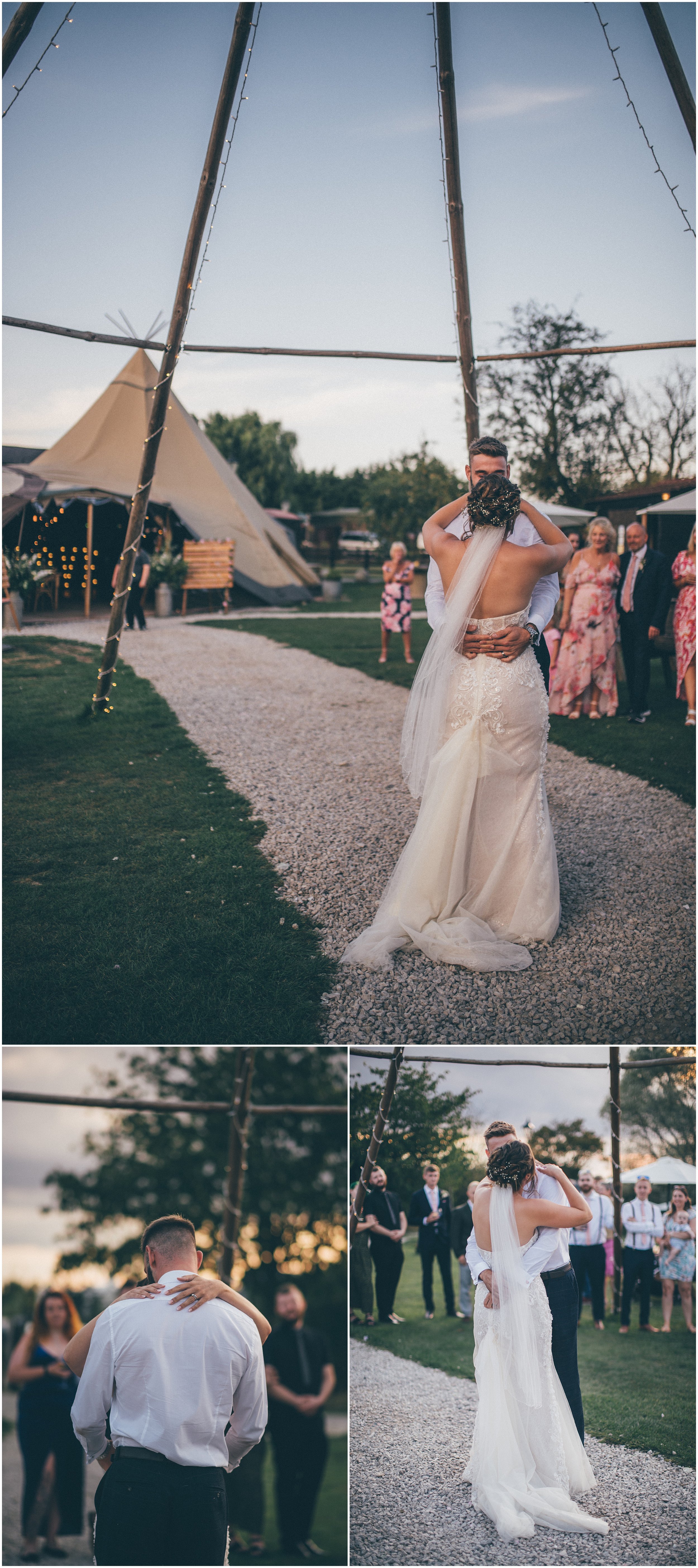 Bride and groom have their first dance outside at their summer wedding at Skipbridge Country wedding venue in Yorkshire
