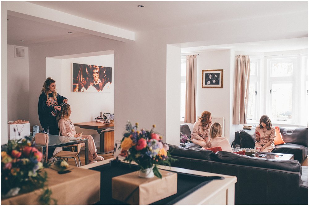 Bridal party enjoy their morning getting ready in Liverpool before the wedding.