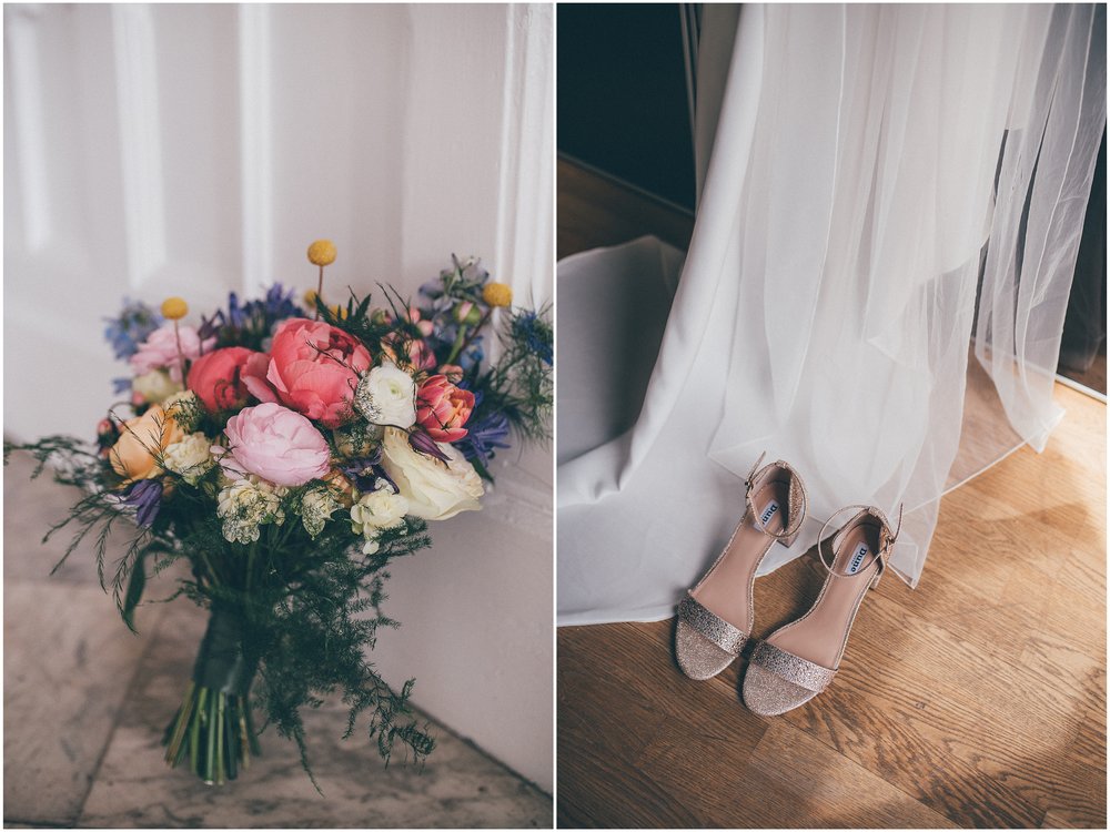 Beautiful pastel wedding bouquet and bride's Grace Loves Lace wedding dress and shoes