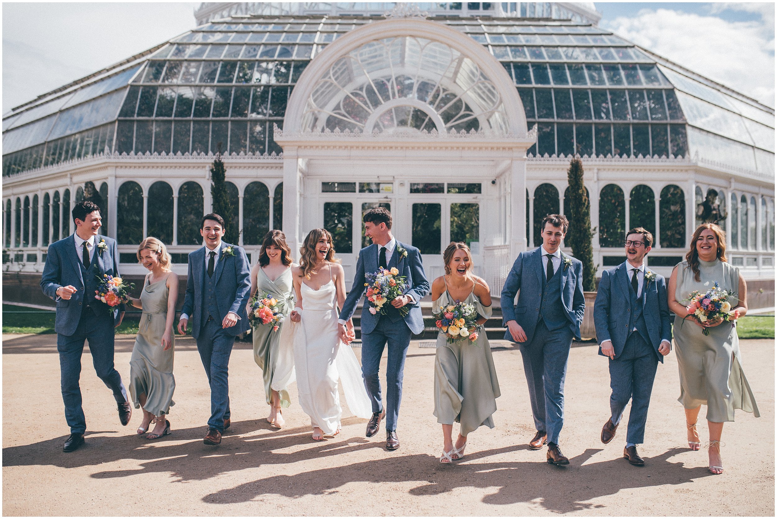 Bridal party enjoying the Sefton Palm House wedding.