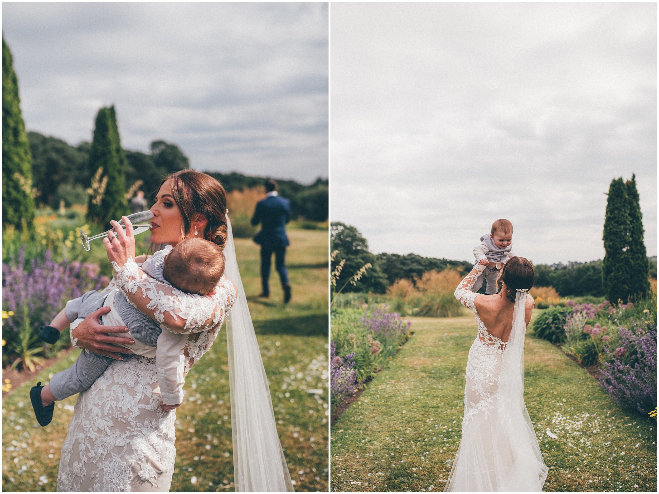 Beautiful bride and her son enjoy the pretty gardens at Abbeywood Estate in Delamere, Cheshire.