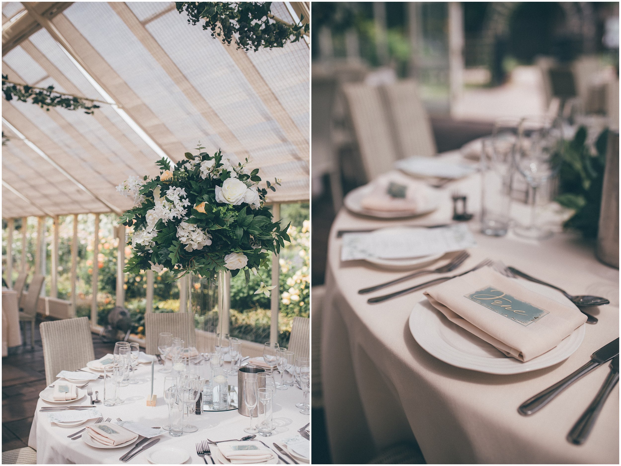 Beautiful and classic set-up at Abbeywood Estate conservatory for a summer wedding.