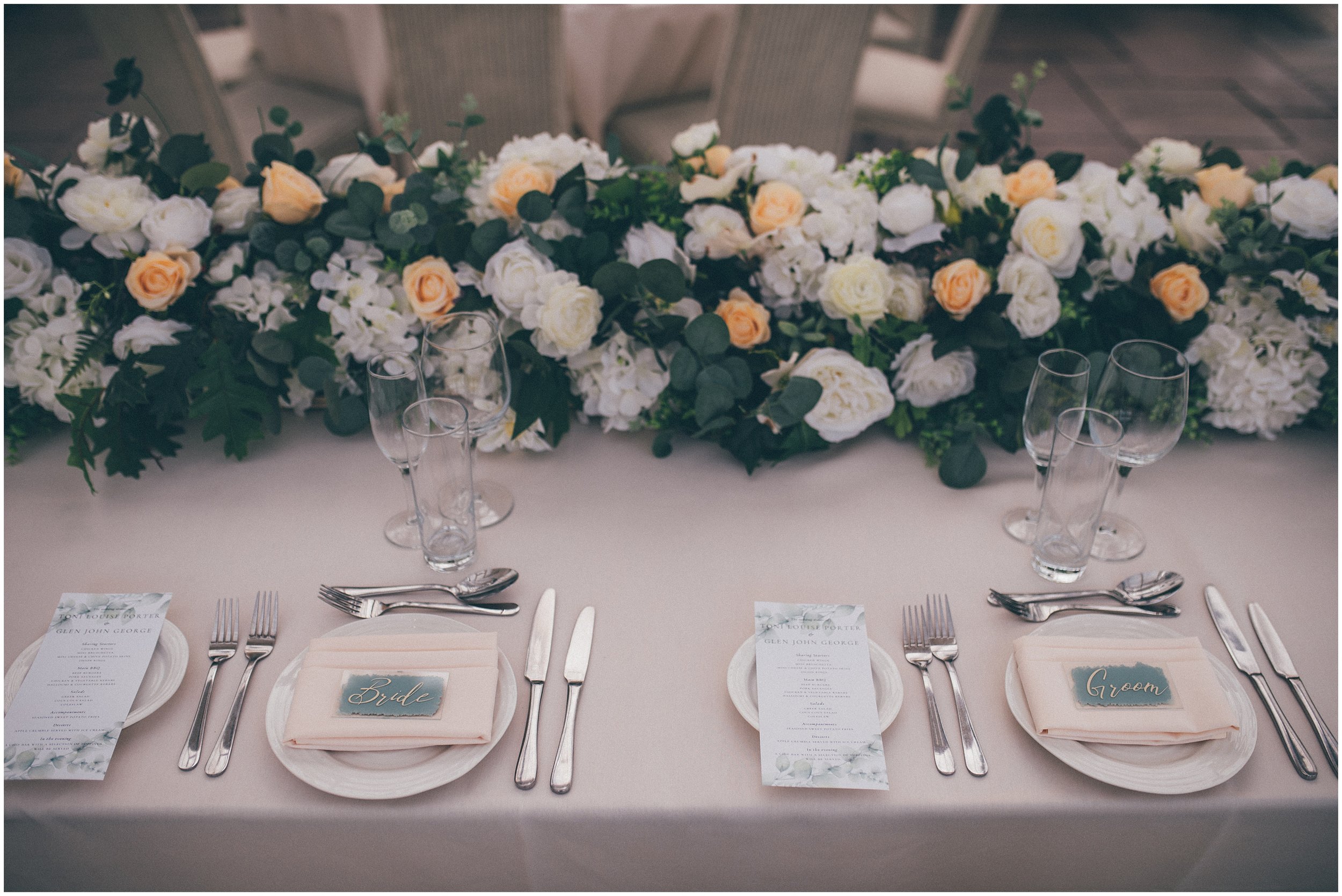 Beautiful and classic set-up at Abbeywood Estate conservatory for a summer wedding.