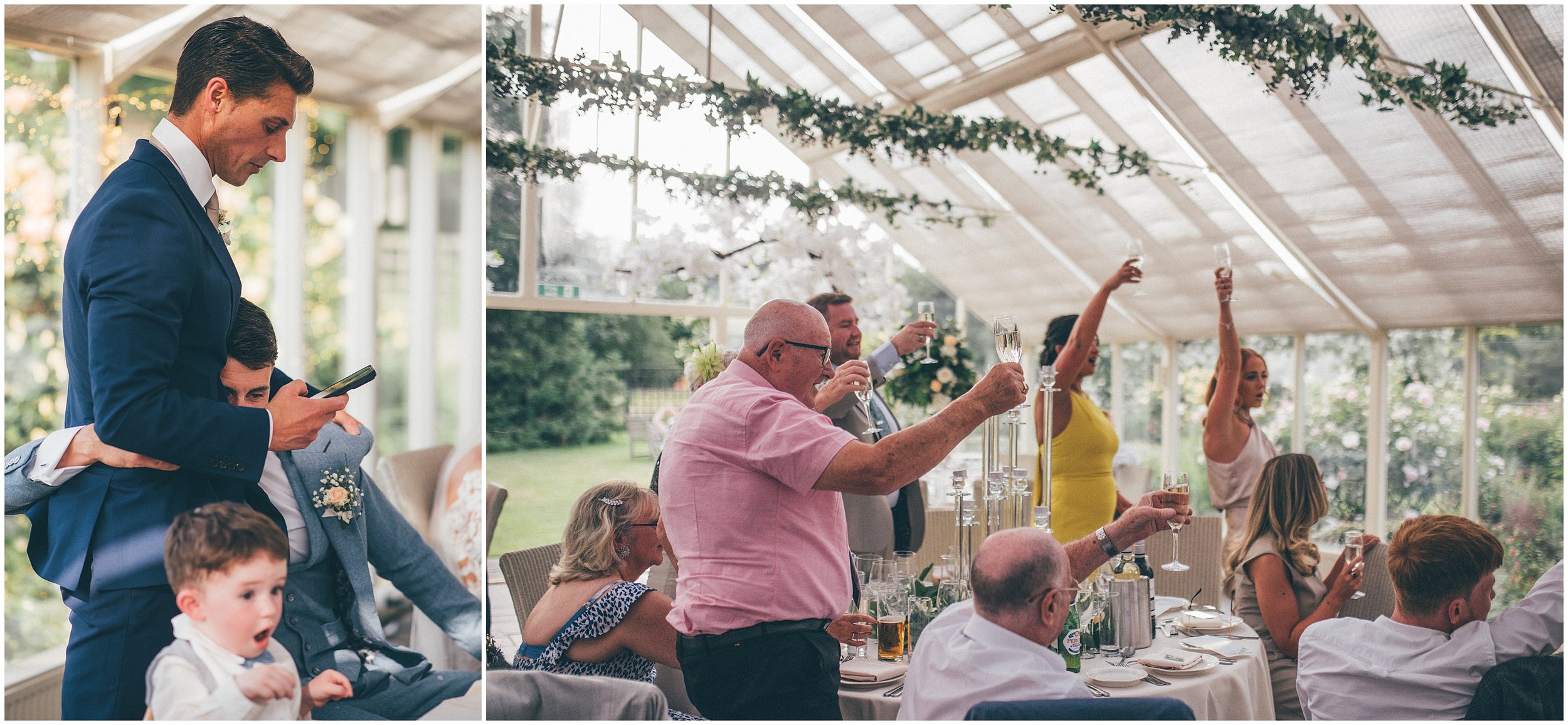 Bride and groom and guests enjoy speeches in the conservatory at Abbeywood Estate in Delamere, Cheshire.