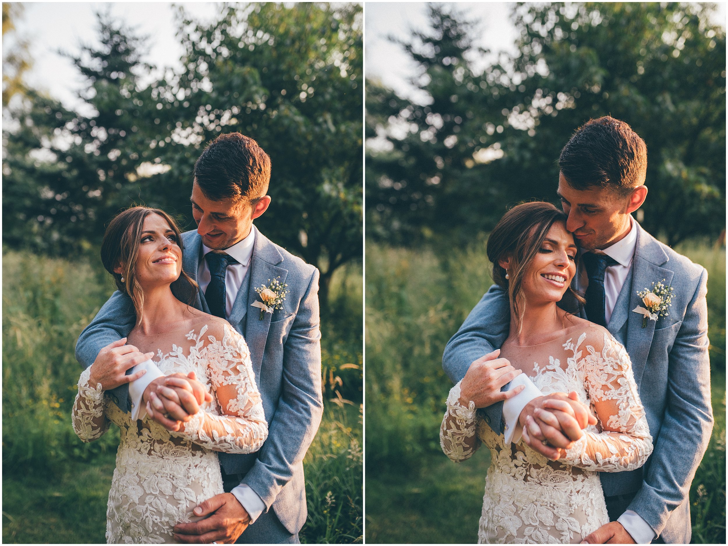 New husband and wife have portraits taken during golden hour at their wedding venue with the wedding photographer, Helen Jane Smiddy Photography.