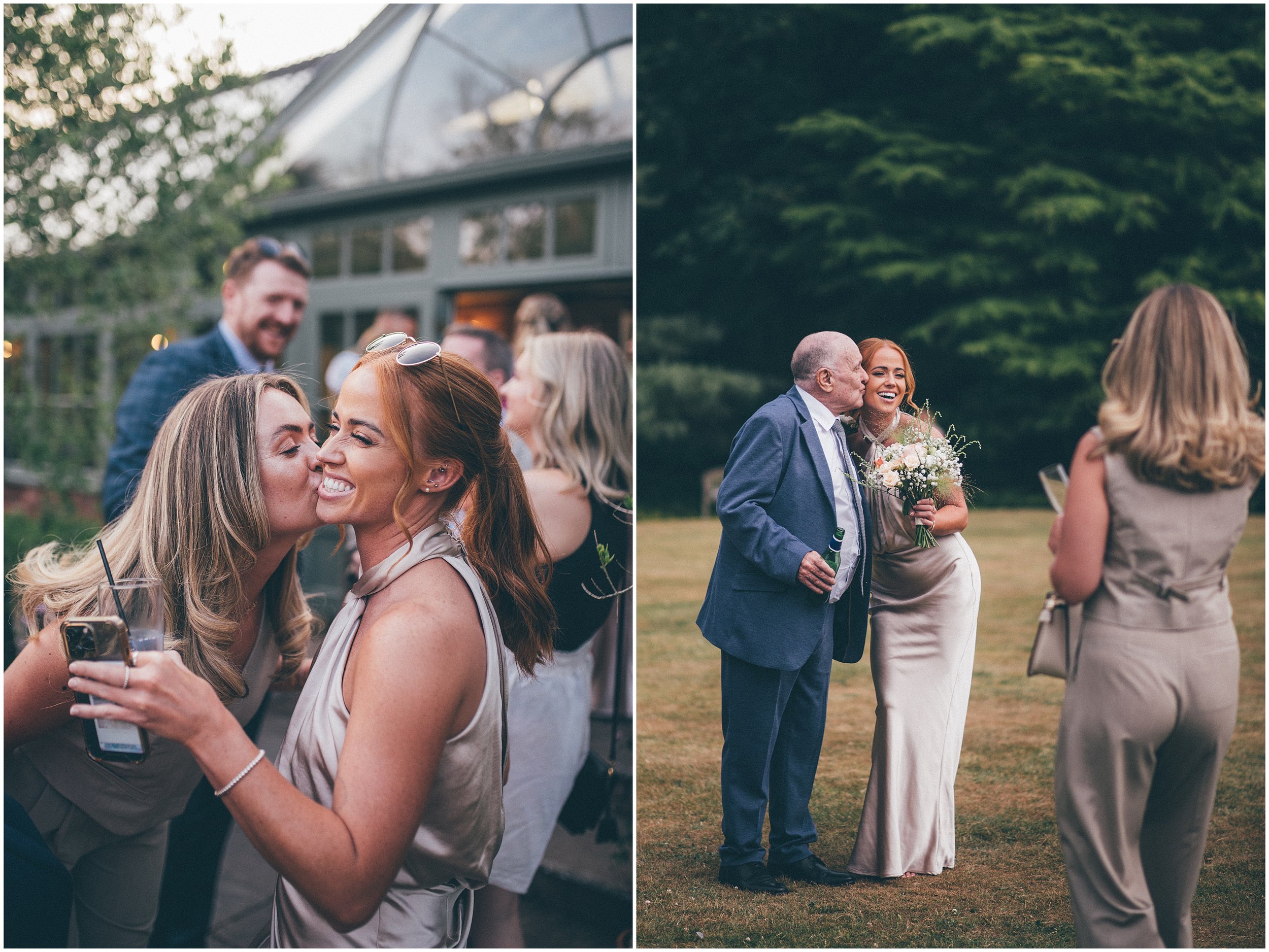 Wedding guests enjoy evening reception at Abbeywood Estate in Delamere, Cheshire.