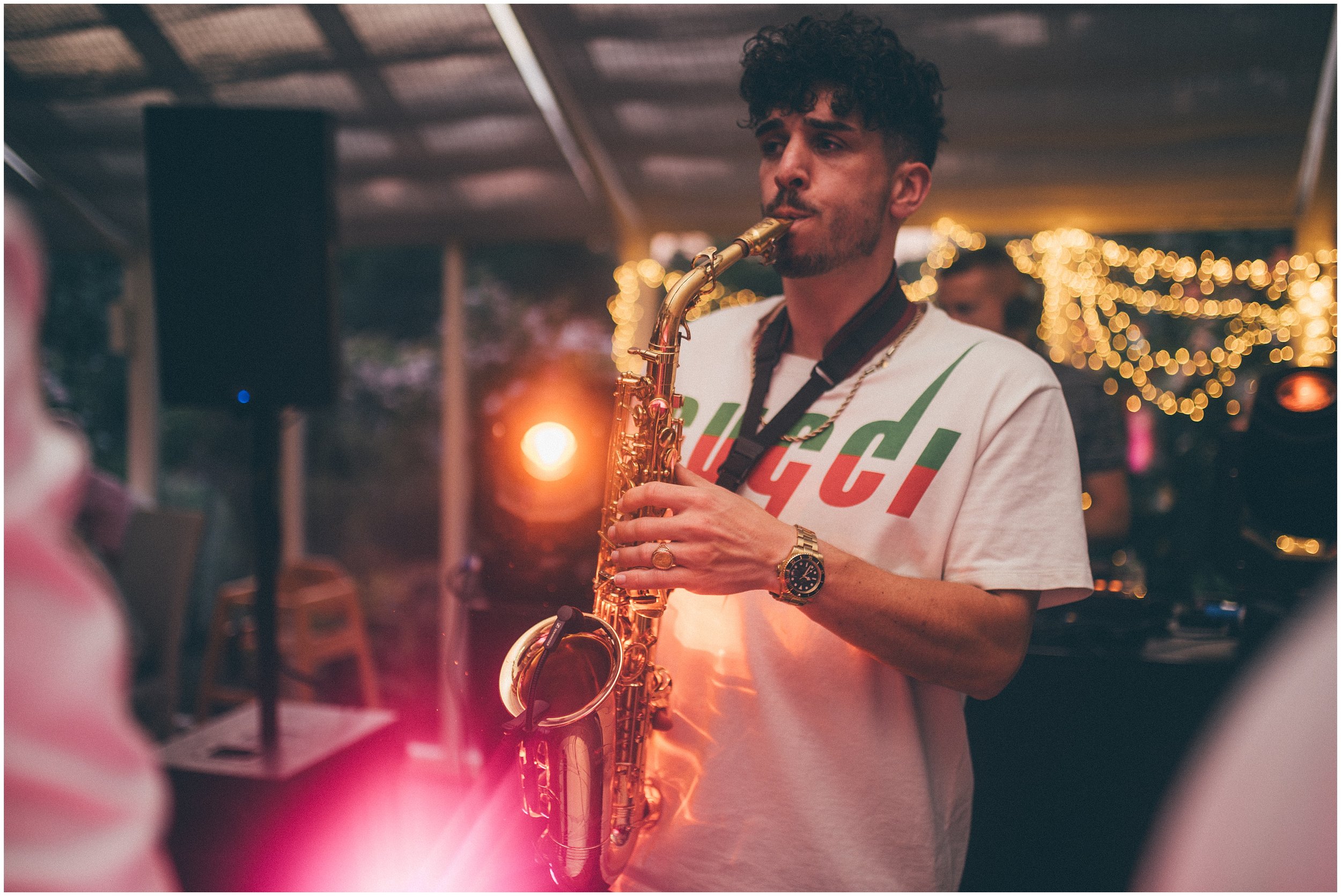 Saxophonist plays at Cheshire wedding venue, Abbeywood Estate in Delamere.