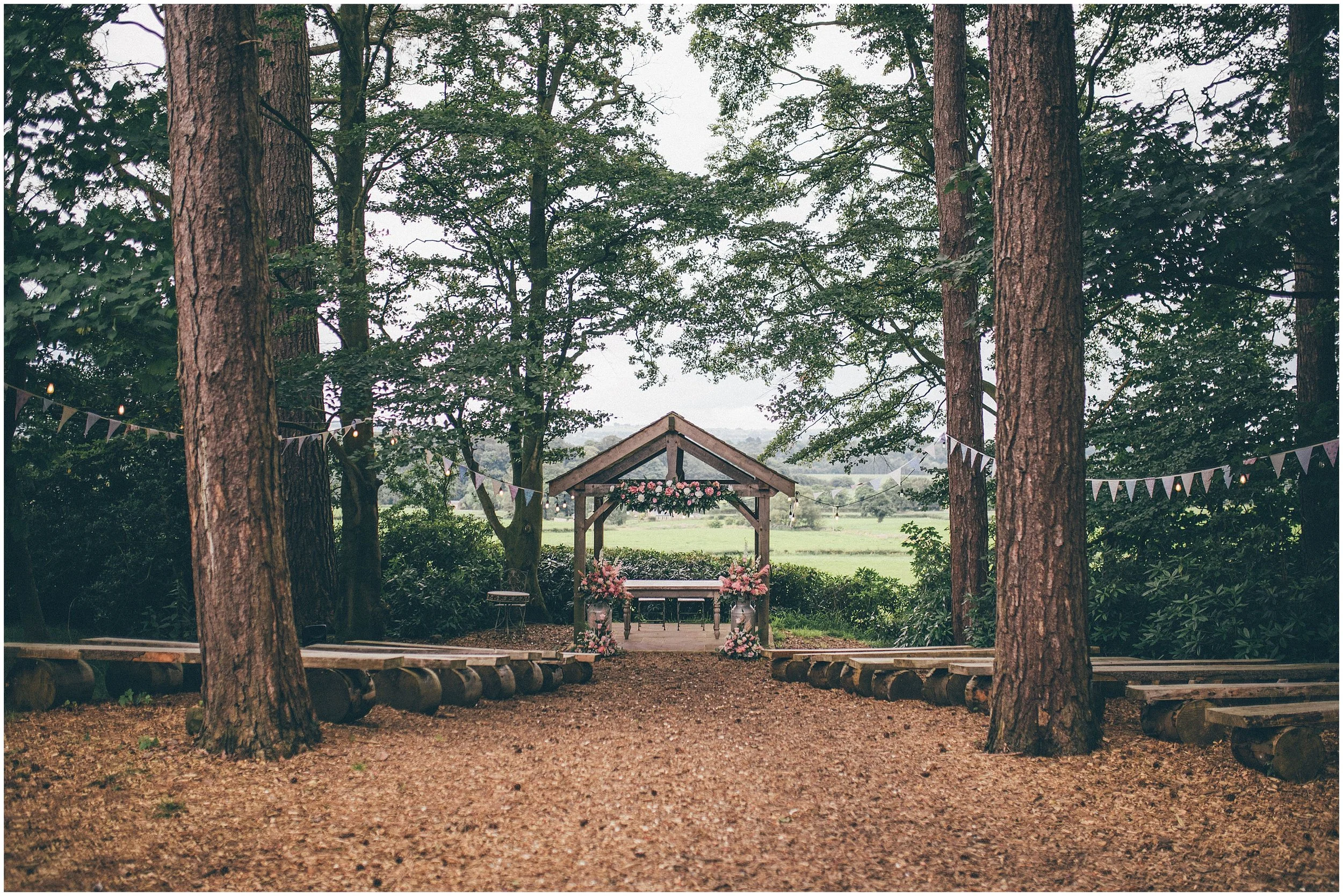 Wooded Ceremony area at Wedding venue Hobbit Hill in Clitheroe, Lancashire taken by Helen Jane Smiddy Photography.