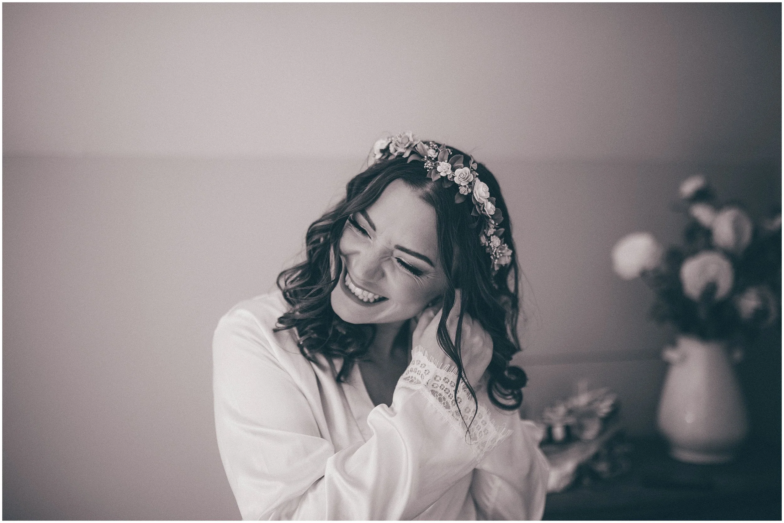Bride gets ready in the bridal suite at Hobit Hill in Clitheroe, Lancashire wedding venue.