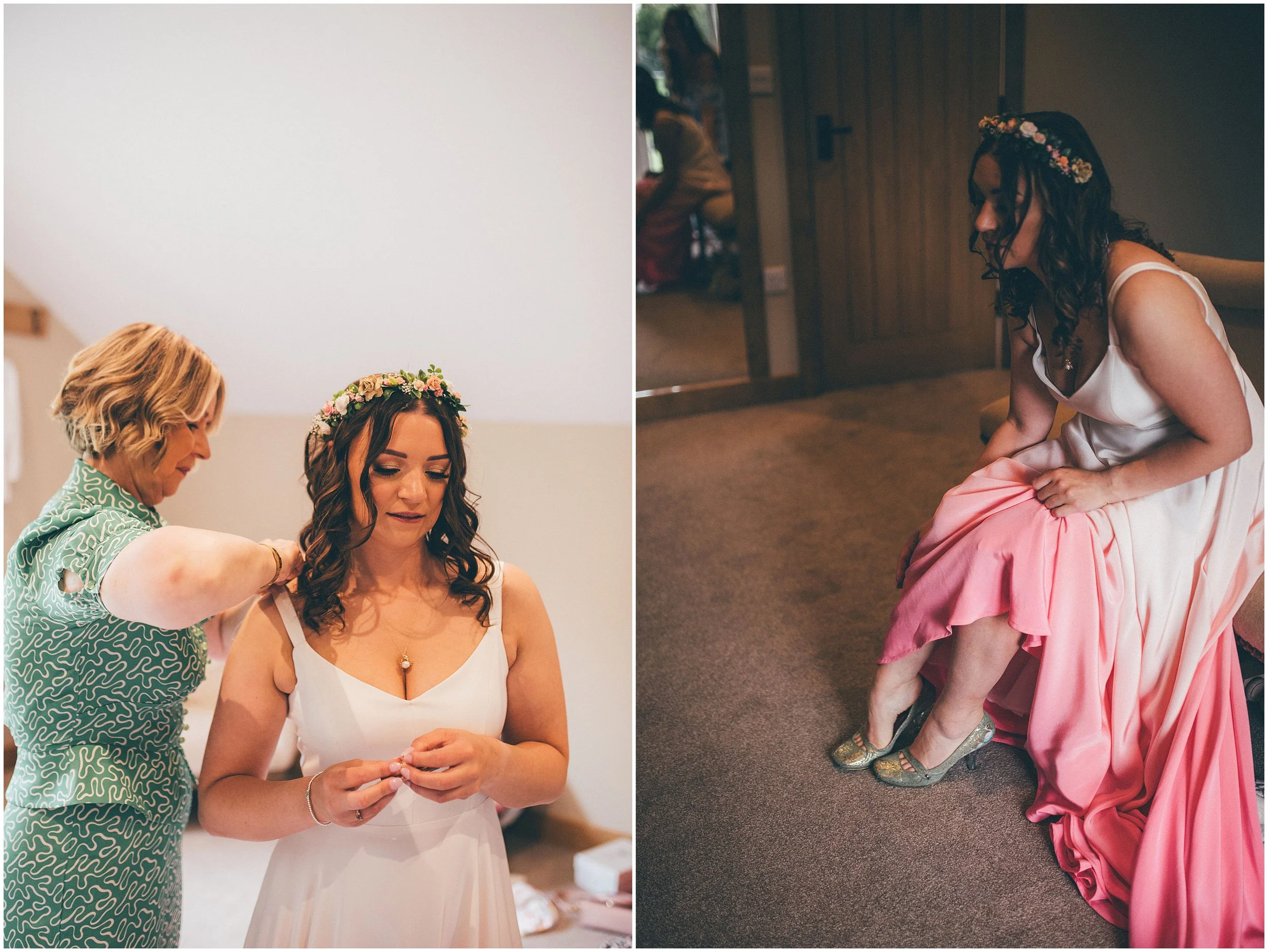 Bride in Lucy Can't Dance dress with her mum helping her get ready for her wedding.