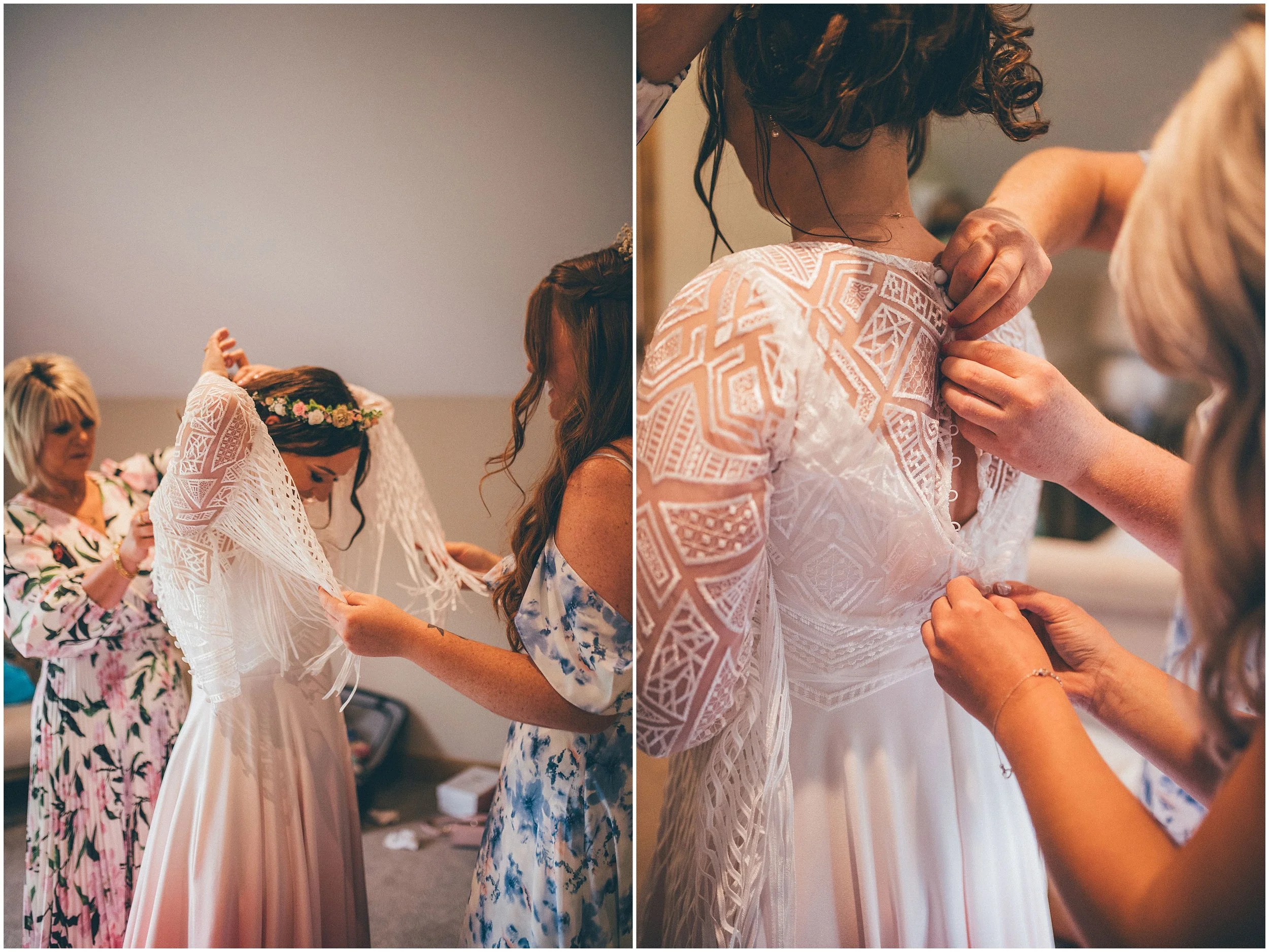 Bride puts on her Pulp Fiction Lucy Can't Dance dress at Hobbit Hill wedding venue