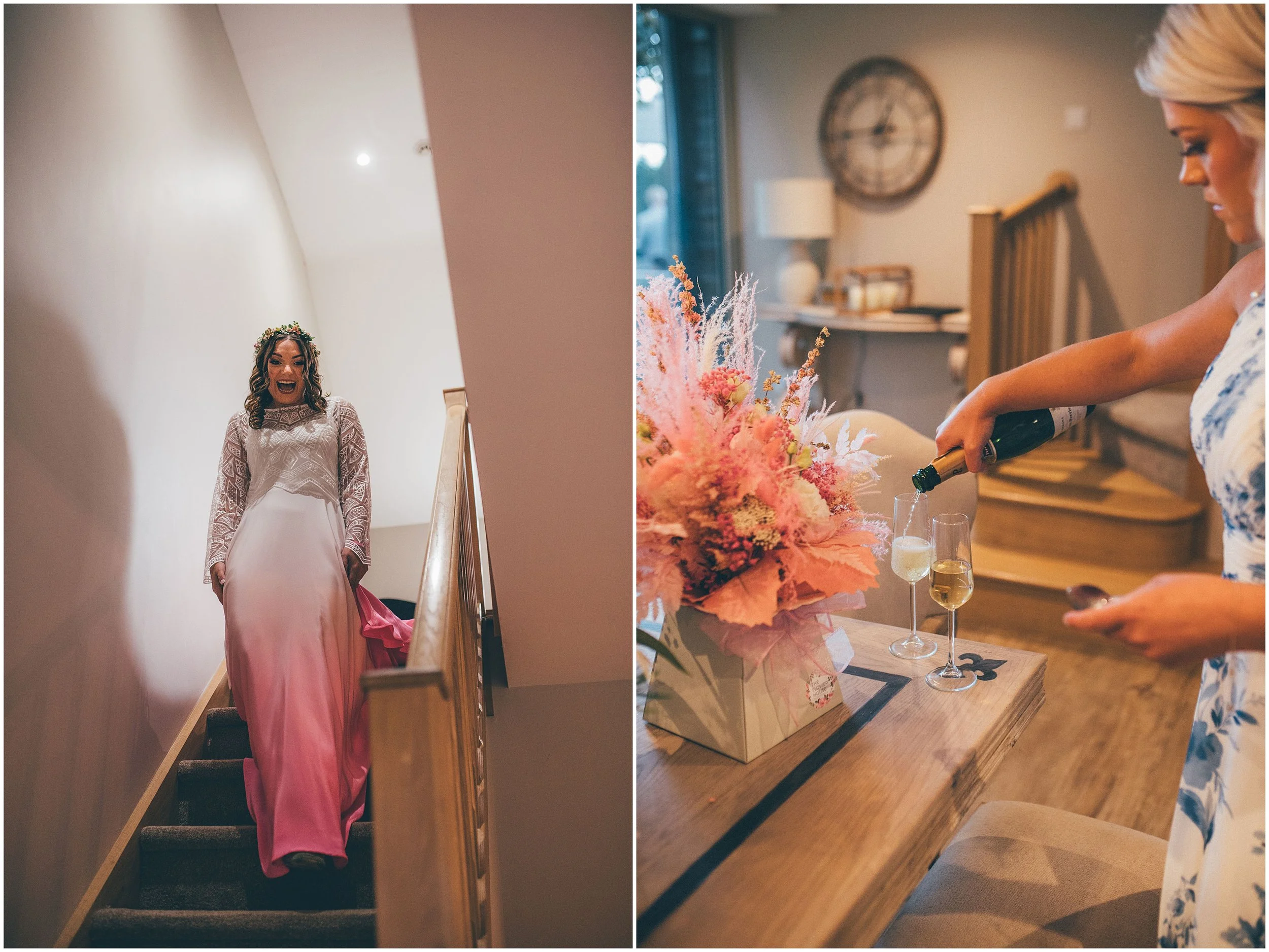 Bride walks down from the bridal suite at Hobbit Hill wedding venue in Clitheroe