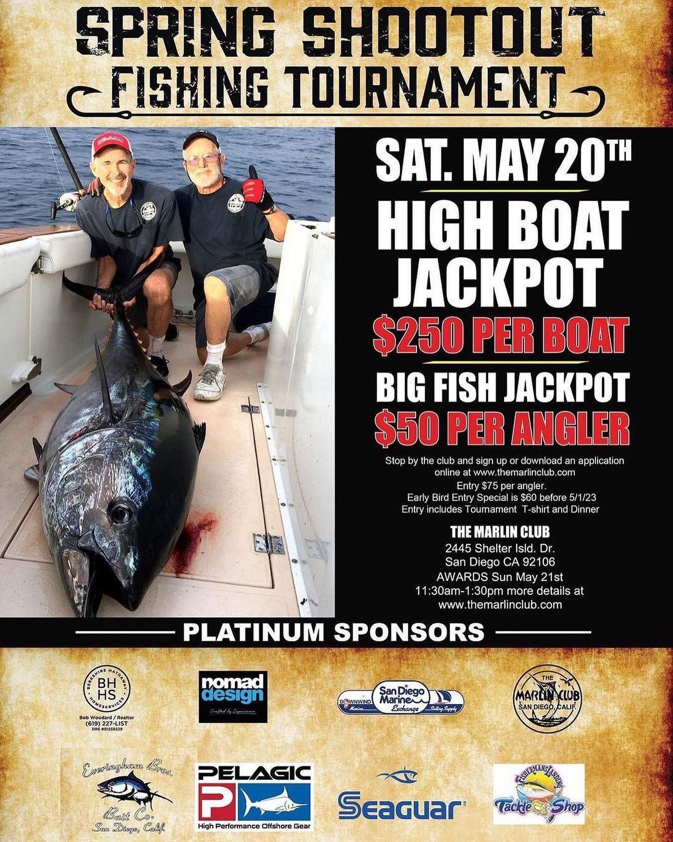 Last chance to sign up for The 2023 Spring Shootout this Saturday, May 20th! Captains meeting tomorrow night at 6:00pm at the club house. 
.
More info and entry forms are available on our website. www.TheMarlinClub.com 
.
.
#SanDiegoFishing #fishingt
