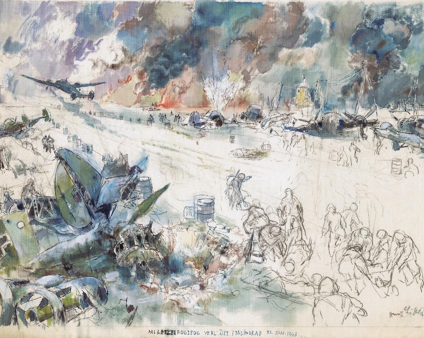 &ldquo;The last plane leaves Stalingrad - 22 Jan 1943&rdquo; painted by Hans Liska in 1943.
.
&ldquo;Das letzte Flugzeug verl&auml;sst Stalingrad - 22 Jan 1943&rdquo;
.
On this day, the Germans lost their last airfield at Stalingrad when Gumrak was t