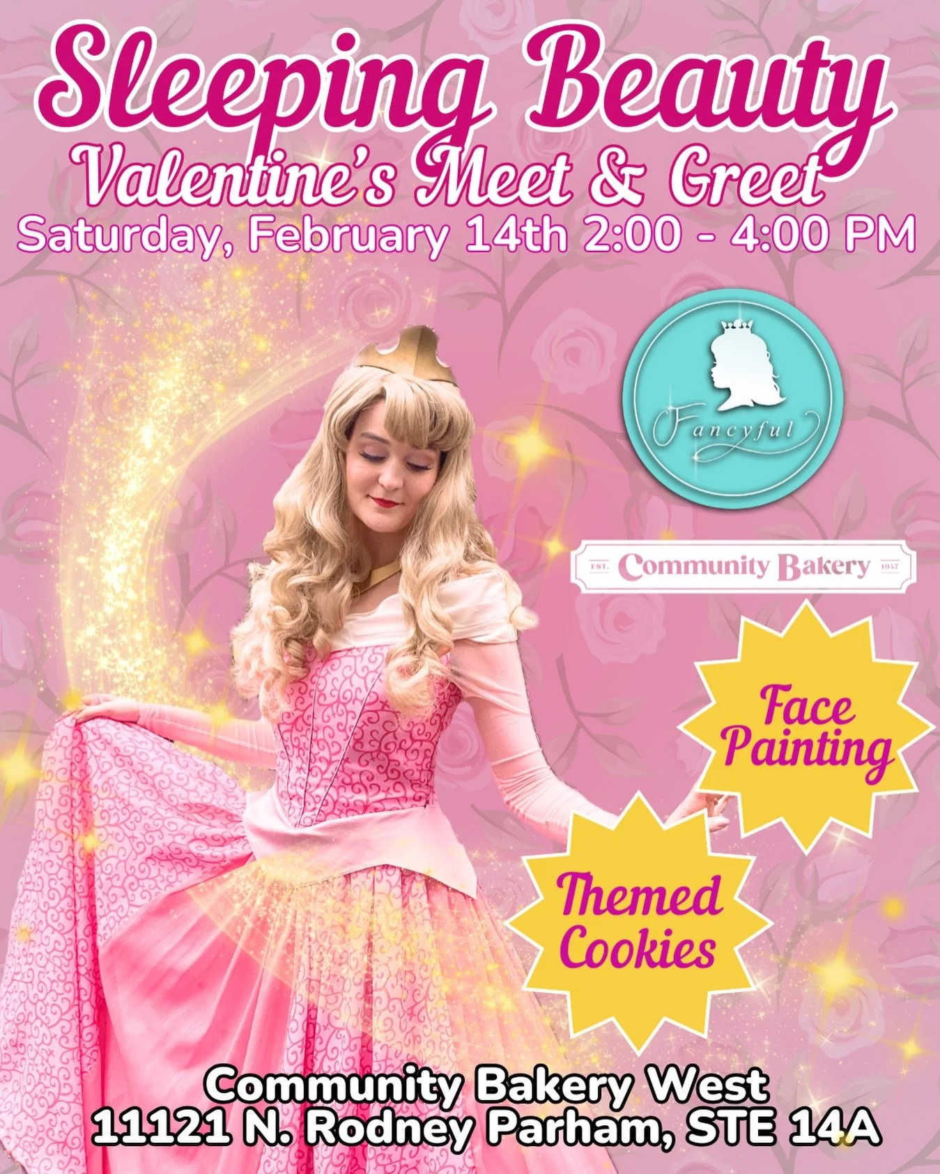 Join Sleeping Beauty at @communitybakerylr for a dreamy Valentine&rsquo;s day event NEXT SATURDAY, February 14th!

💖📸 FREE Meet and Greet
🎨🫟 Face Painting
🍪💕Delicious themed sweet treats from @communitybakerylr 

❤️Event Details❤️

🗓️ February