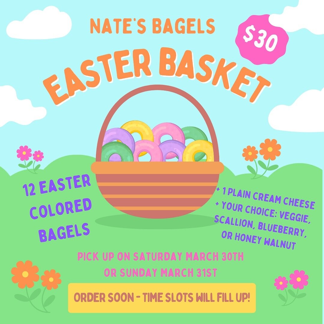 🌸 Spring is here and pastel bagels are on the way! 

🌸 Order your Easter Basket to pick up Saturday 3/30 or Sunday 3/31. All orders must be submitted by 10am Thursday 3/28

🌸 Spring pastel bagels available in store Easter Sunday March 31st 

🌸 ht