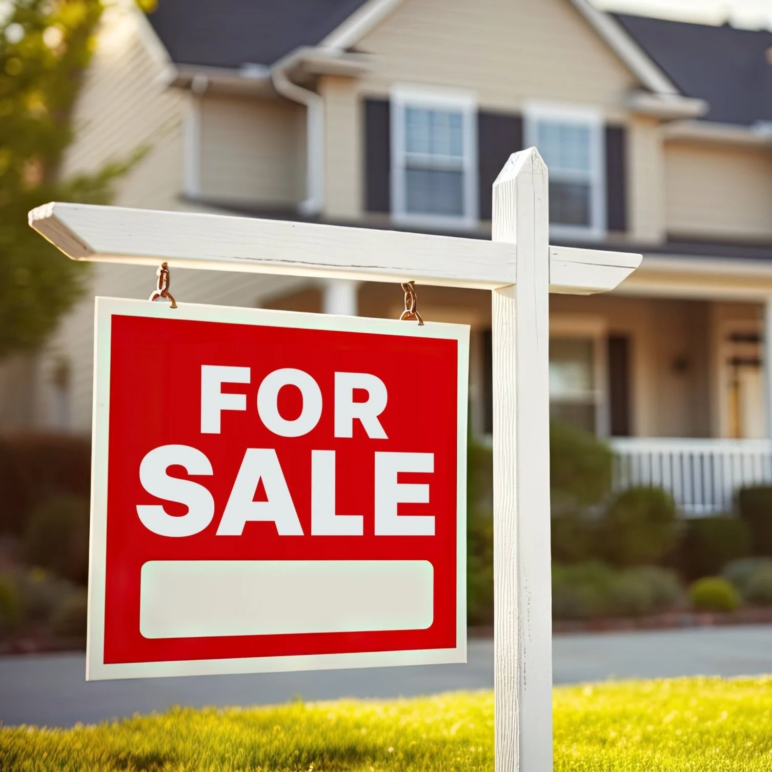 Property for sale sign and house exterior