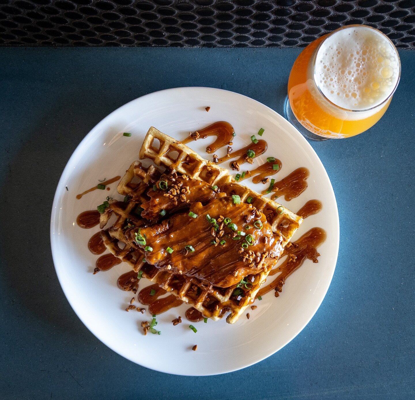 Thai Peanut Chicken &amp; Waffles
fried chicken breast, buttermilk waffle, 
spicy peanut sauce, plum-hoisin jam, 
chives, crushed peanuts.

Available for brunch today 10am-2pm (while supplies last). 

Also on the brunch menu: shrimp &amp; grits, brea