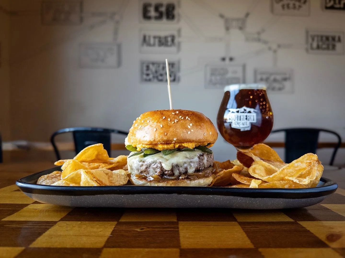 Weekly Sandwich Special:
THE SAS-SQUASH BURGER 
topped with roasted butternut squash puree, balsamic grilled onions, Gruy&egrave;re cheese, and crispy sage on a house bun. 
Pair with SOCIAL LUBRICATOR, Doppelbock available on draft and in 16oz cans t