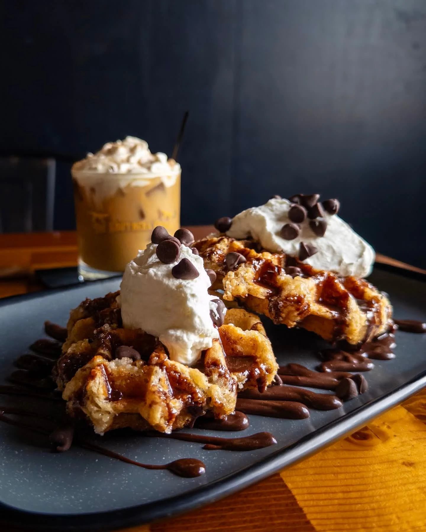 BELGIAN LIEGE WAFFLES
two sweet liege waffles with vanilla whipped cream, chocolate ganache, and mini chocolate chips. 
Pair with NITRO HORCHATA STOUT, Sweet Stout available on draft now. 

Belgian Liege Waffles available during brunch only, every Sa