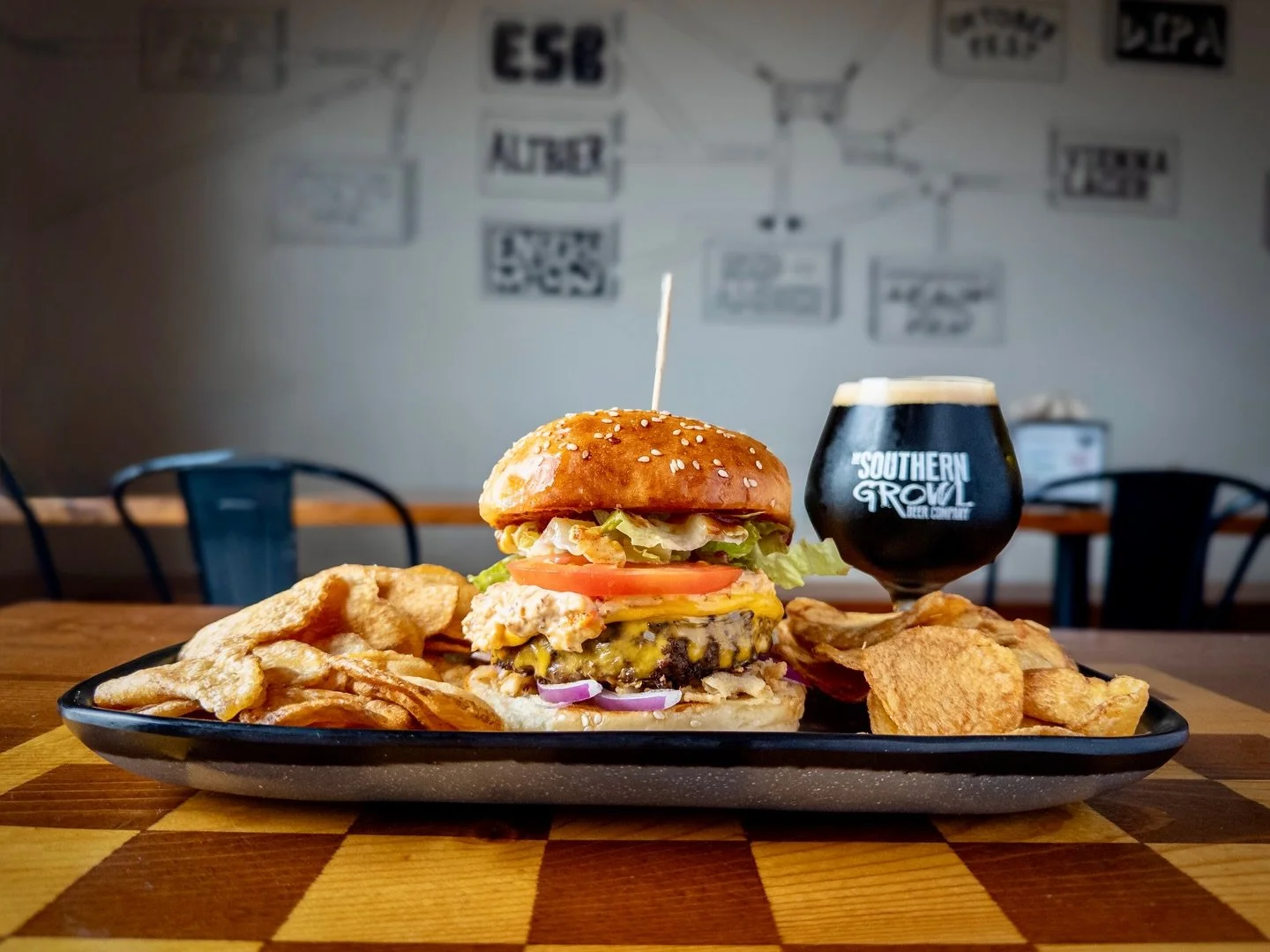 Weekly Sandwich Special: 
BADASS BBQ BURGER
topped with sweet heat bbq sauce, pimento cheese, American cheese, lettuce, tomato, crispy onion, and red onion on a house bun. 
Pair with CZAR OF THE SOUTH, Bourbon Barrel Aged Stout available on draft and