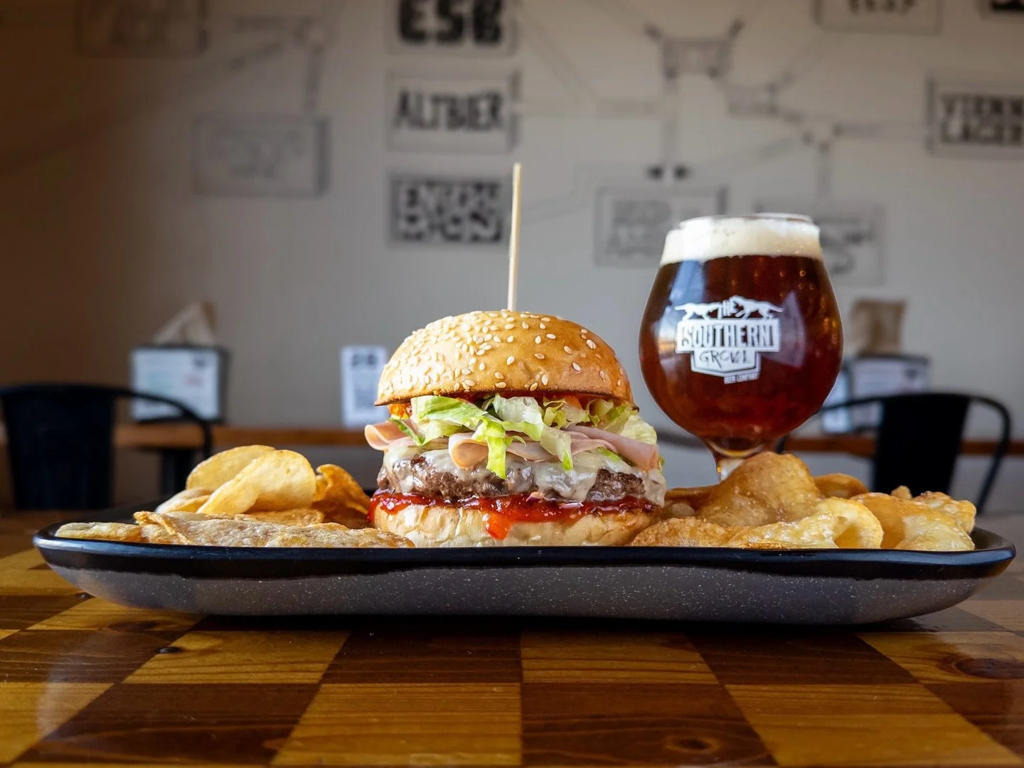 Weekly Sandwich Special:
SHE&rsquo;S A BAD HAMMA JAMMA BURGER
topped with sweet &amp; spicy bacon pepper jam, Gruy&egrave;re, sliced ham, lettuce, tomato, and onions on a house bun. 
Pair with RIGHT DOG RED, Irish Red available on draft and in 16oz c