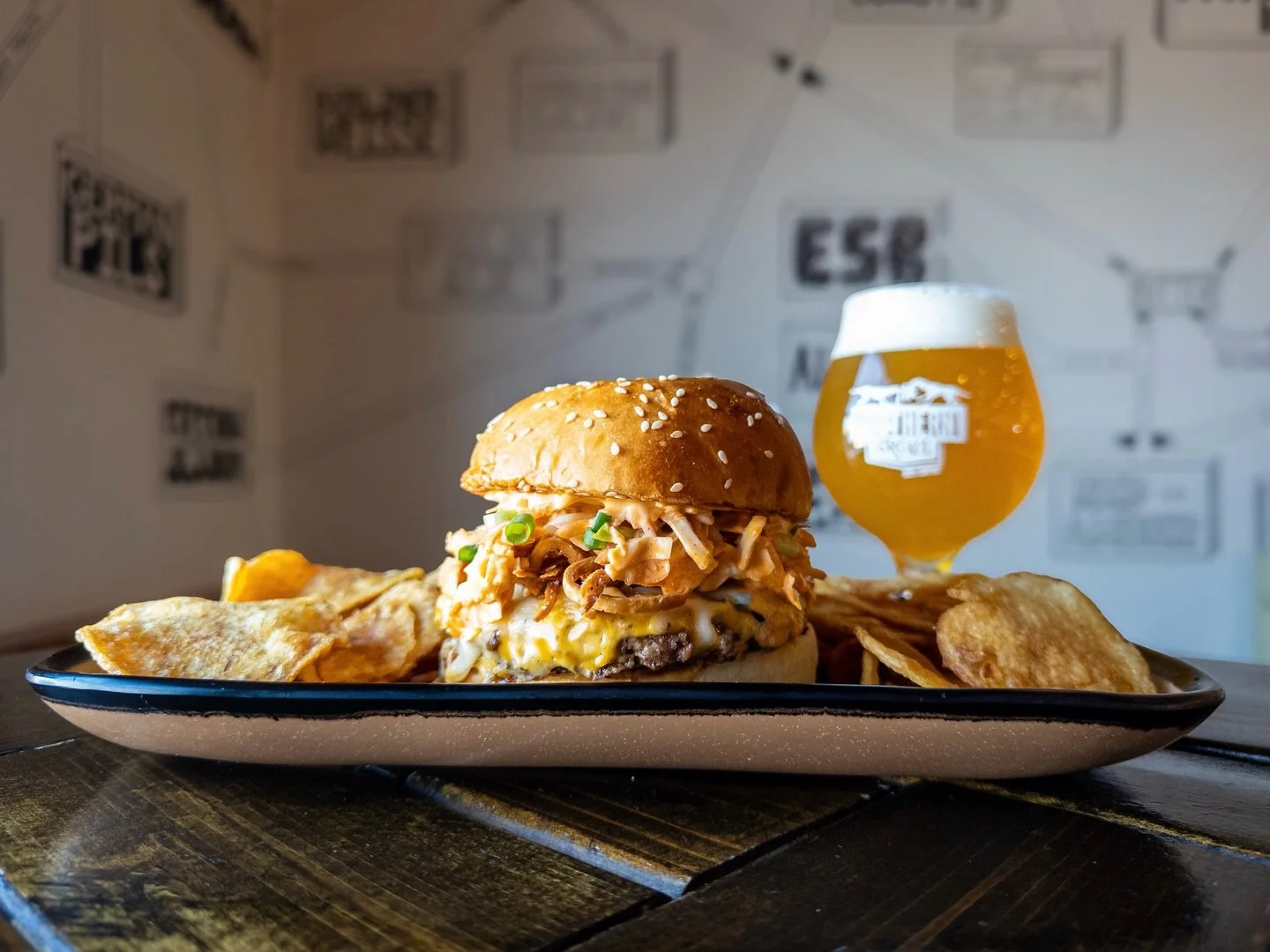 Weekly Sandwich Special:
SEOUL FIRE BURGER
topped with American and mozzarella cheeses, gochujang slaw, spicy sriracha aioli, green onions, and wonton strips on a house bun. 
Pair with PLENTY OF PLUSH: CHINOOKIE MONSTER, Hazy IPA available on draft a