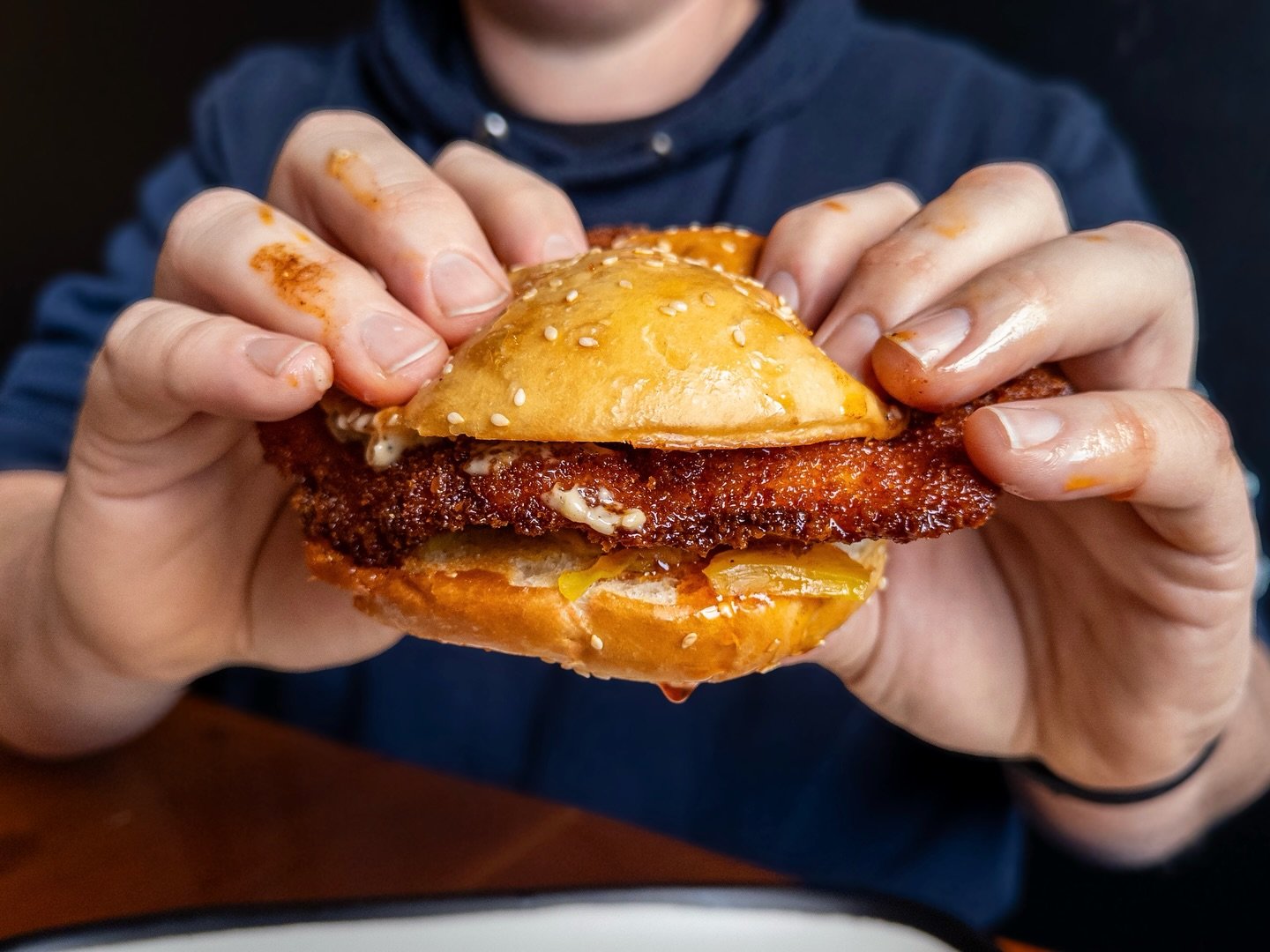 NASHVILLE HOT CHICKEN SANDWICH
crispy fried chicken breast, spicy Nashville seasoning, cracked pepper mayo, and chow chow on a house bun. 
Pair with BURY ME IN STRATA, Southern IPA available on draft and in 16oz cans to-go. 

Nashville Hot Chicken Sa
