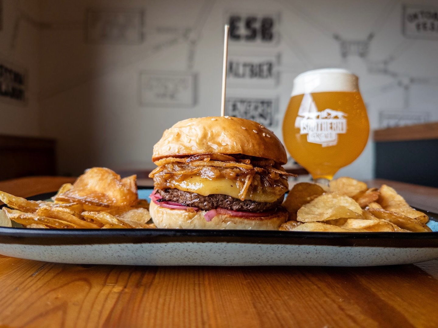 Weekly Sandwich Special:
THE FRENCH CONNECTION WAGYU BURGER 
local Durham Creek Ranch wagyu burger topped with Gruy&egrave;re, caramelized onions, onion strings, and pickled red onions on a house bun. 
Pair with TANK TOP SAISON, available on draft no