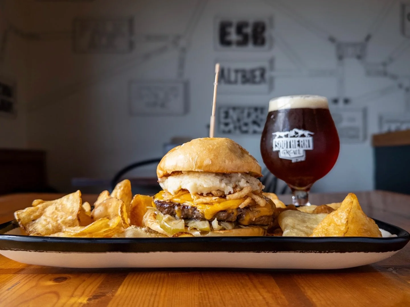 Weekly Sandwich Special:
TOP O&rsquo; THE BURGER TO YA
topped with braised bacon apple cabbage slaw, mashed potatoes, crispy onions, and cheddar on a house bun. 
Pair with RIGHT DOG RED, Irish Red Ale available on draft and in 16oz cans to-go. 

Sand