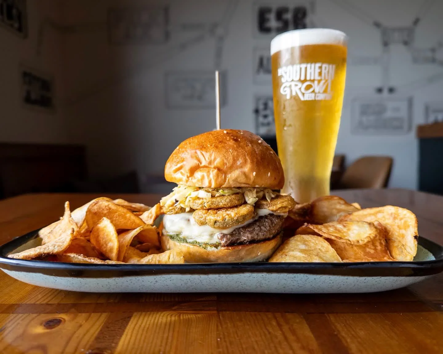 Weekly Sandwich Special:
MACHU PICCHU GONNA EATCHU BURGER
topped with aji amarillo ranch slaw, fried pickle chips, pepper jack cheese, and chimichurri on a house bun. 
Pair with PURR PILS, German Style Pilsner available on draft and in 16oz cans to-g
