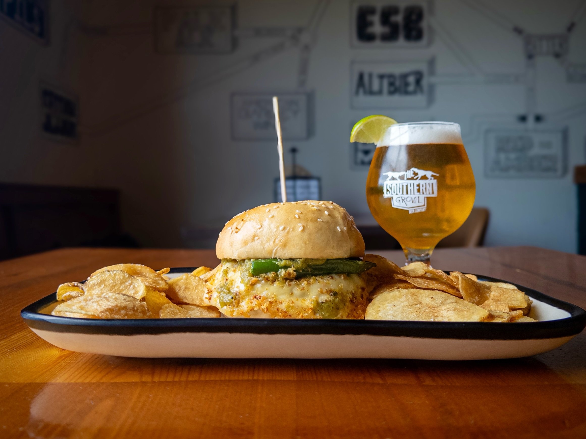 Weekly Sandwich Special:
PEPPER JACKPOT BURGER
topped with pepper jack, chihuahua, and smoked Gouda cheeses, roasted jalape&ntilde;o, toasted breadcrumb, and green chile spread on a house bun. 
Pair with CHILLSNER, pilsner with lime available on draf