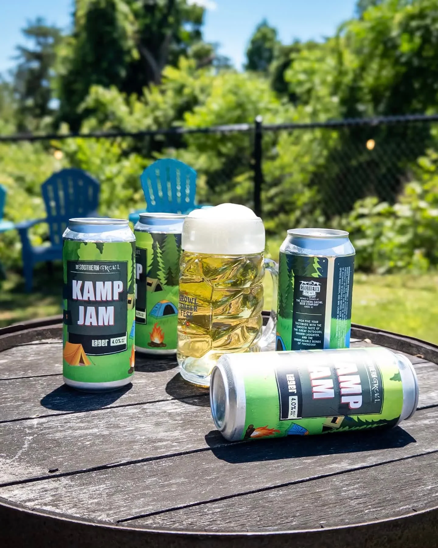 KAMP JAM
American Light Lager, 4.0%

High five your tastebuds with the smooth taste of the great outdoors, shared laughter, and the unbreakable bonds of friendship. 

Kamp Jam available on draft and in 16oz cans to-go now. Full drink and food menus a