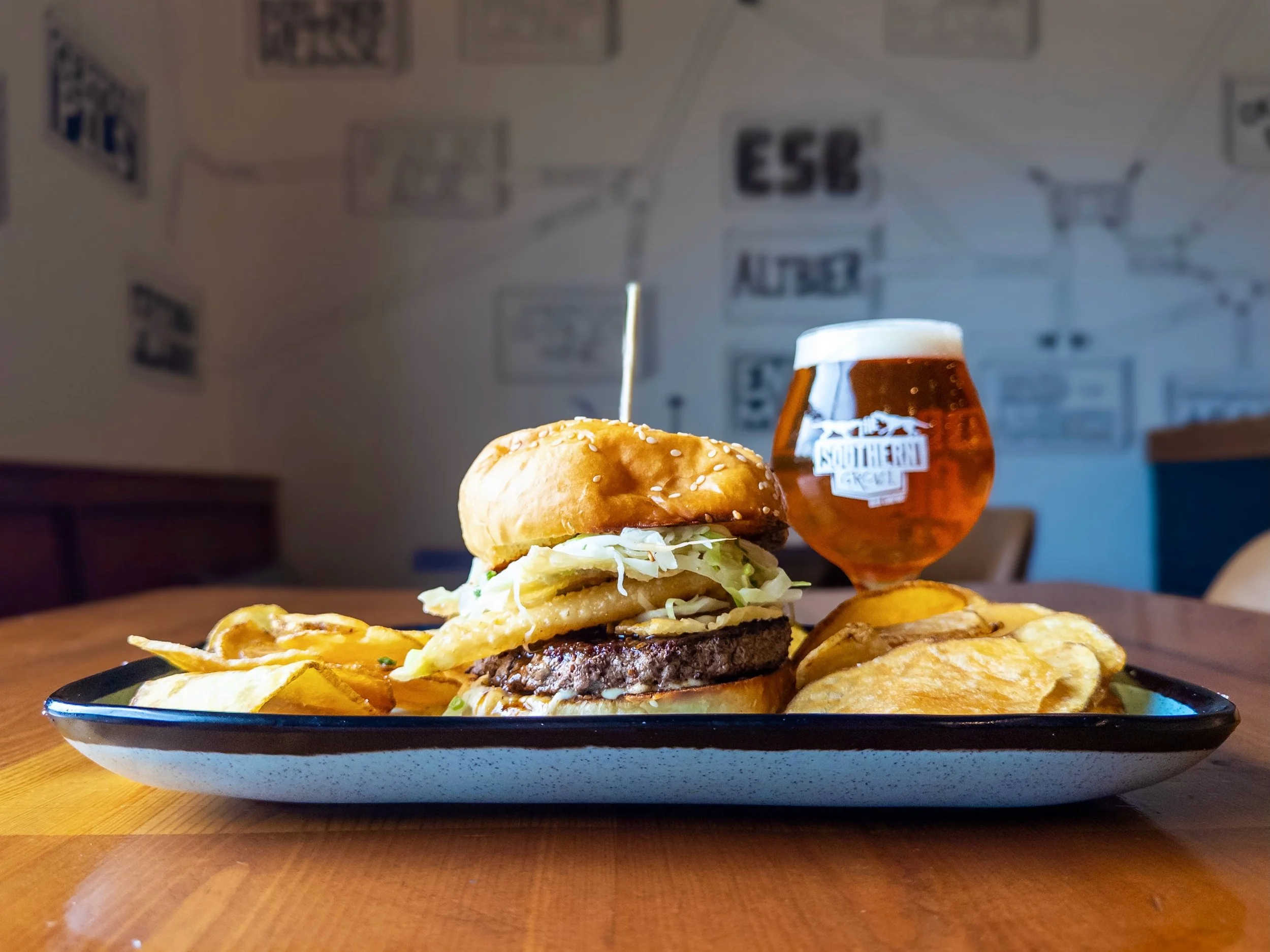 Weekly Sandwich Special:
THE IMPERIAL CRUNCH BURGER
topped with green onion bean sprout citrus slaw, char soy sauce, wonton chips, and sesame Szechuan mayo on a house bun. 
Pair with HOWLER BOCK, Helles Bock available on tap and in 16oz cans to-go. 
