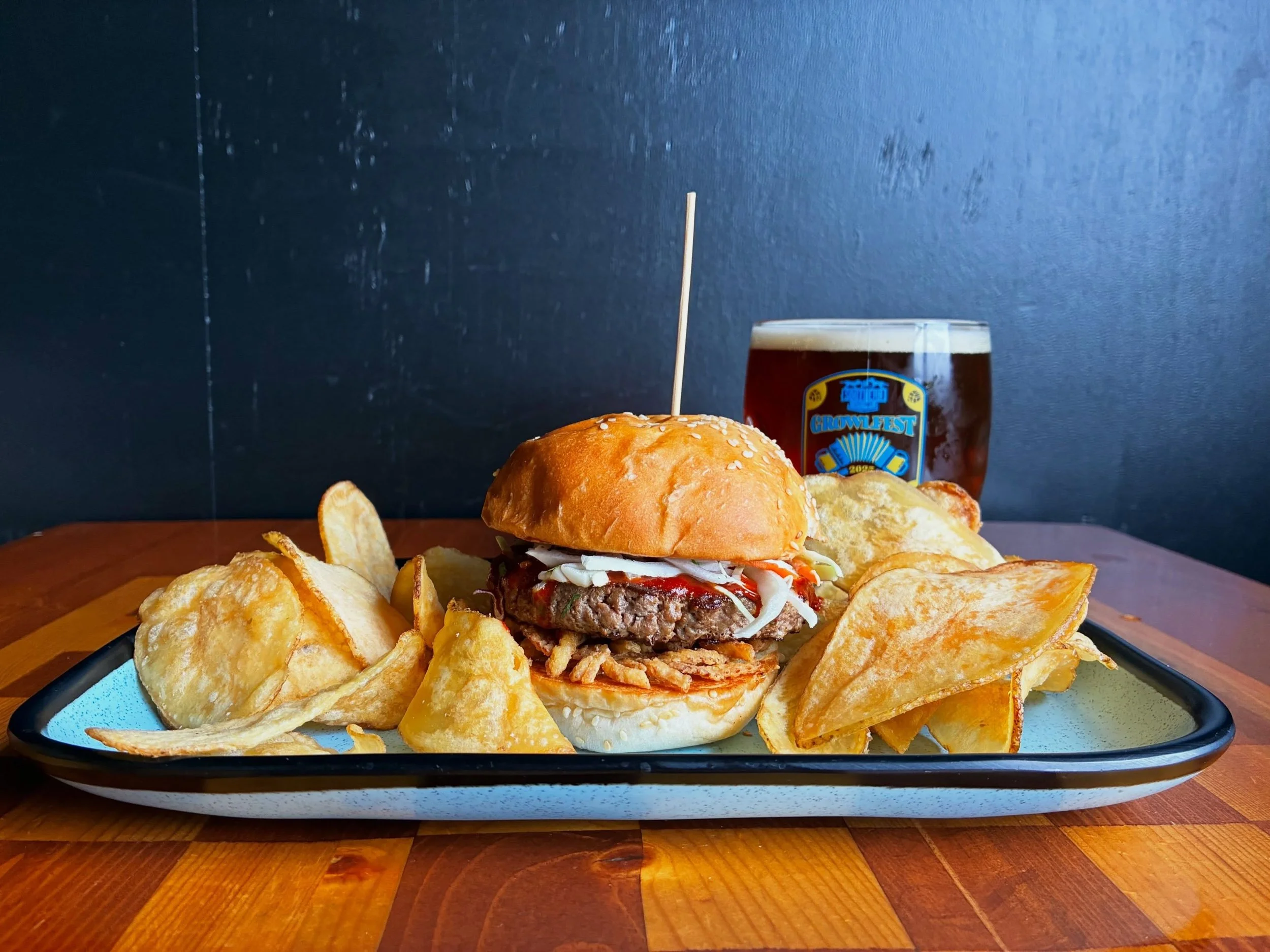 SWEET &amp; SPICY GOCHUJANG BURGER
Topped with sticky gochujang sauce, crispy onions, yum yum, cilantro and cabbage mix on a house sesame bun. 
Sandwich special available through Sunday during lunch, dinner, and brunch. 
Pair with M&Auml;RZEN availab